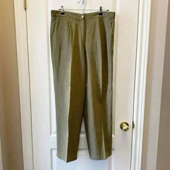 Vintage Linen Trousers High Rise Relaxed Fit Pleated Pants Olive Green Size 14 - Picture 3 of 15